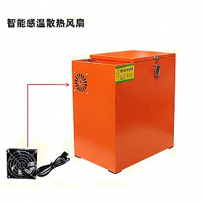 Caja de batería de litio para vehículos eléctricos con sistema de extinción de incendios automático, ventilador y depósito de agua.